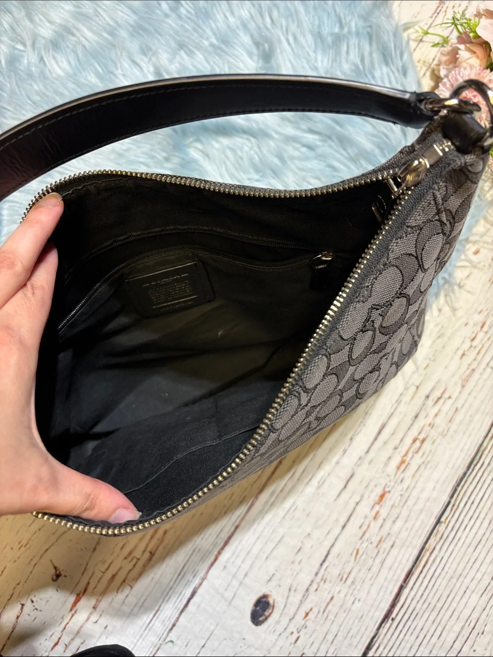 Coach Celeste Hobo Black Smoke Signature Tote Bag Canvas Monogram